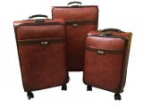 LEATHER 4 WHEEL SPIN SUITCASE LUGGAGE CASE - BROWN SET OF 3